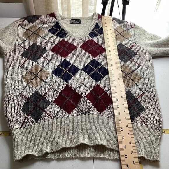Panache Vintage 80s 90s Shetland Wool Diamond Print VNeck Sweater Sz L Academia - Picture 7 of 8